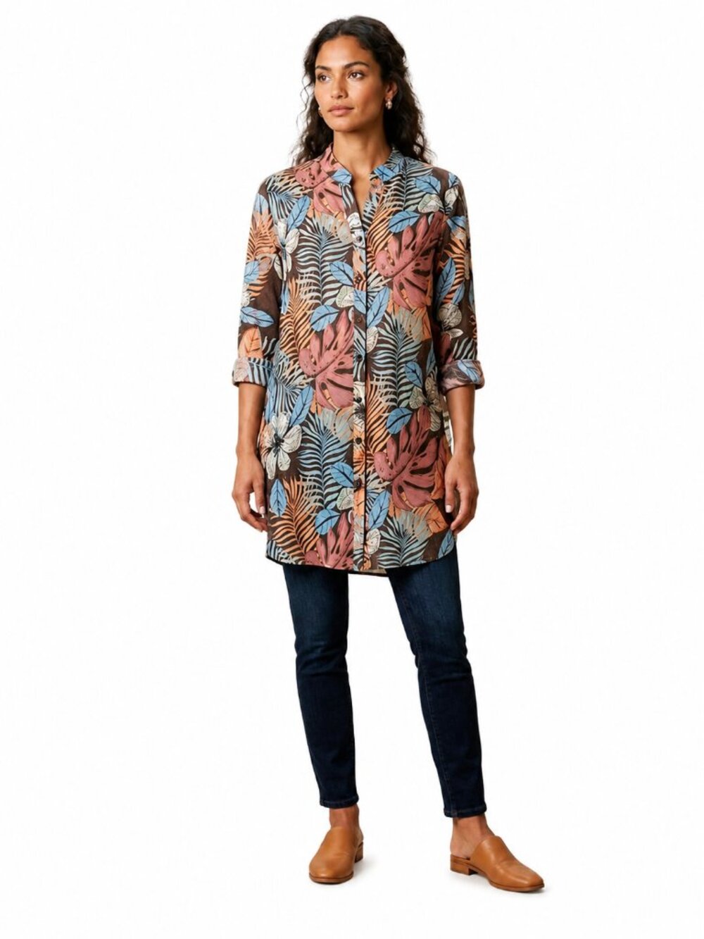 Menglu Tropical Print Tunic Top Multicolor Chocolate Brown Size L/XL Boho